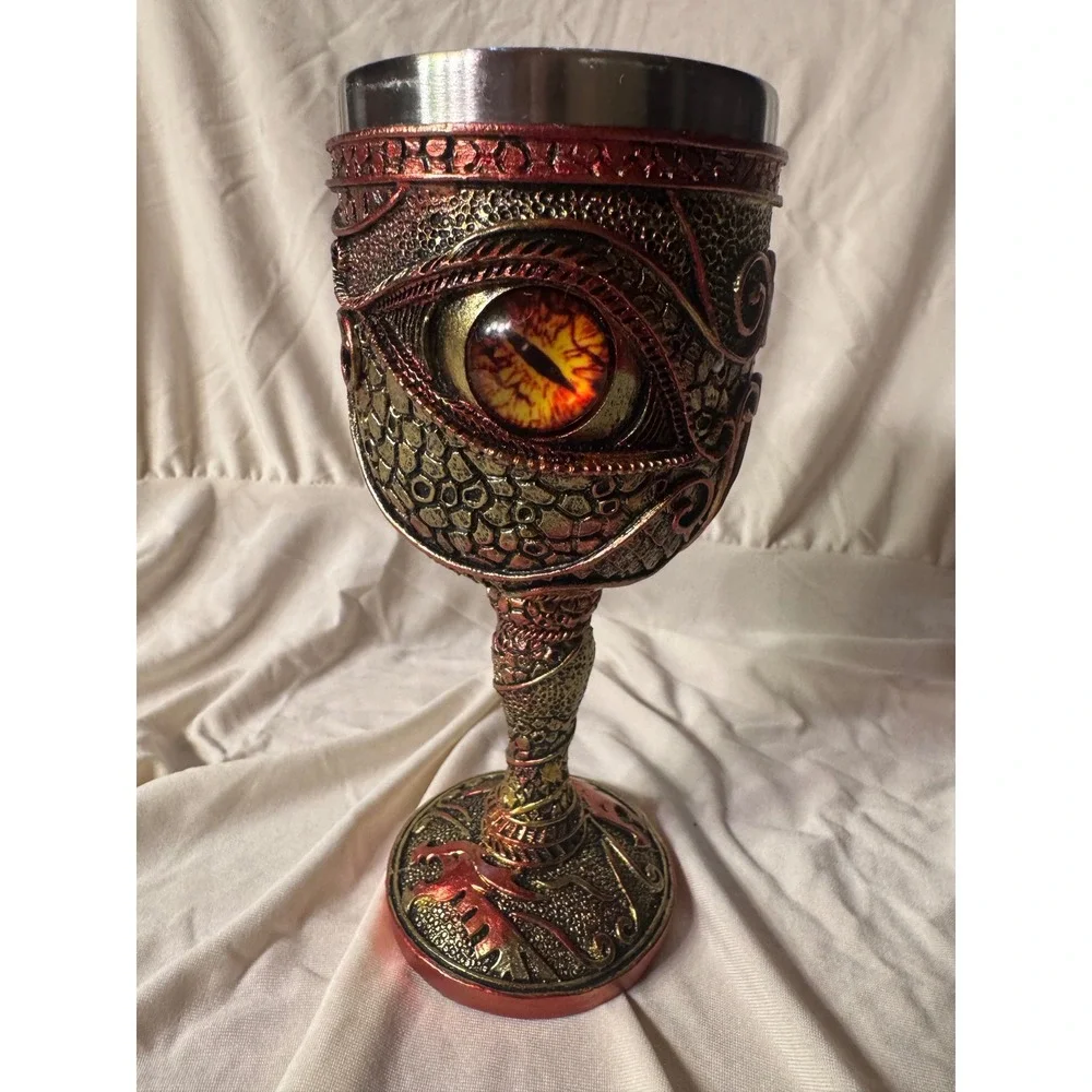 Dragon Eye Gothic Chalice Goblet Stainless Steel Fantasy Medieval Decor Red Gold